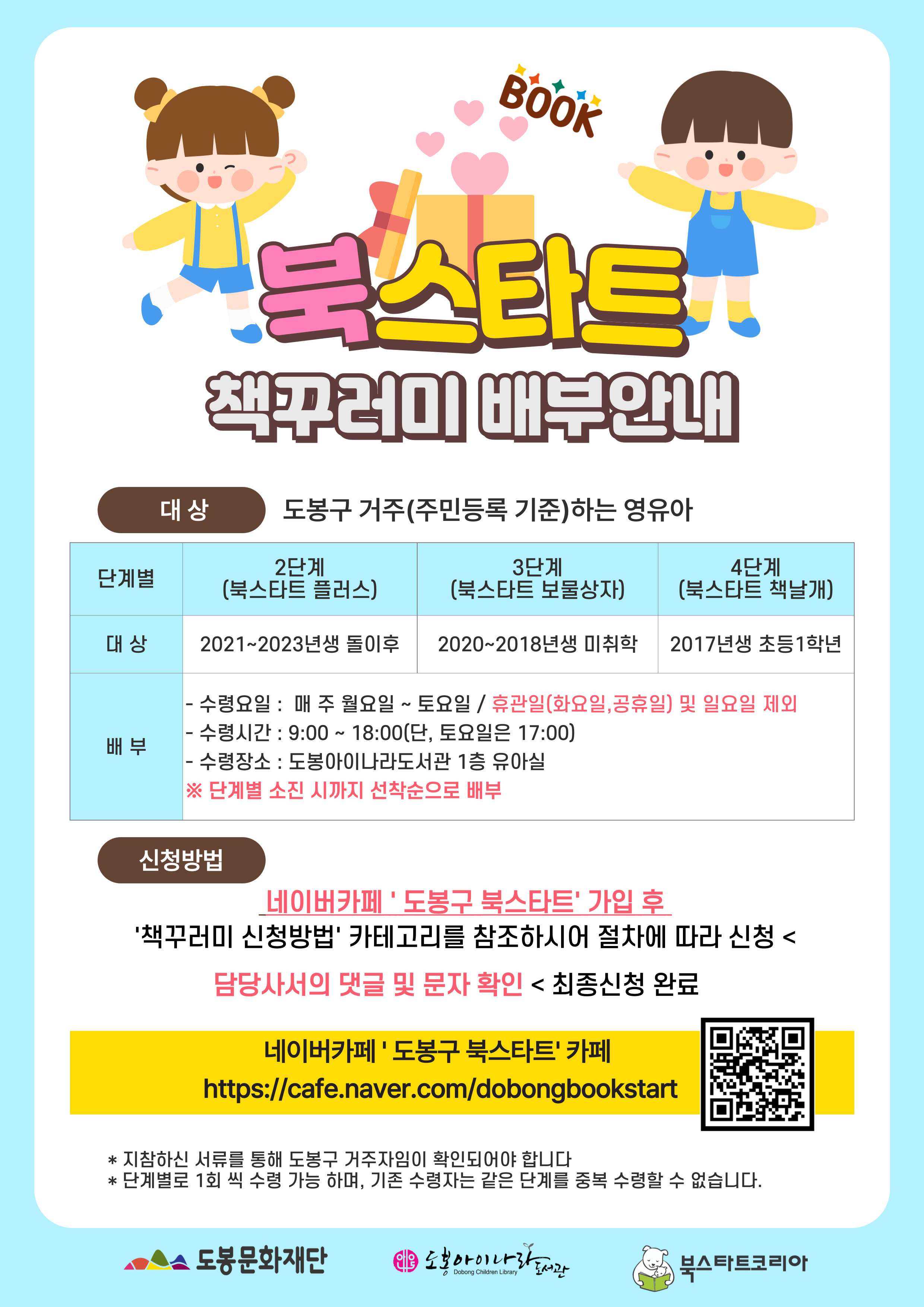 book
북스타트 책꾸러미 배부안내
대상: 도봉구 거주(주민등록 기준)하는 영유아
단계별  2단계(북스타트 플러스)  3단계(북스타트 보물상자) 4단계(북스타트 책날개)
대상
2021~2023년생 돌이후  2020~2018년생 미취학  2017년생 초등1학년
배부
- 수령요일: 매 주 월요일~토요일 / 휴관일(화요일, 공휴일) 및 일요일 제외
- 수령시간: 9:00 ~ 18:00(단, 토요일은 17:00)
- 수령장소: 도봉아이나라도서관 1층 유아실
※ 단계별 소진 시 까지 선착순으로 배부

신청방법
네이버 카페'도봉구 북스타트'가입 후
'책꾸러미 신청방법' 카테고리를 참조하시어 절차에 따라 신청<담당사서의 댓글 및 문자 확인< 최종신청 완료
네이버카페'도봉구 북스타트'카페 http://cafe.naver.com/dobongbookstart

* 지참하신 서류를 통해 도봉구 거주자임이 확인되어야 합니다
* 단계별로 1회 씩 수령 가능하며, 기존 수령자는 같은 단계를 중복 수령할 수 없습니다.

도봉문화재단  도봉아이나라도서관  북스타트코리아