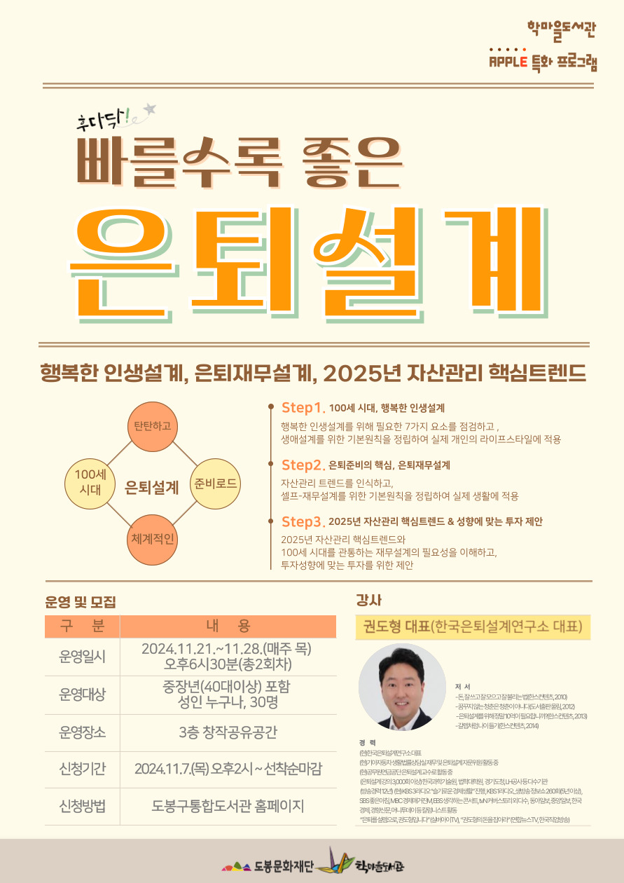 학마을도서관 APPLE 특화 프로그램
후다닥! 빠를수록 좋은 은퇴설계
행복한 인생설계, 은퇴재무설계, 2025년 자산관리 핵심트렌드

은퇴설계 - 탄탄하고, 준비로드, 체계적인, 100세 시대
• Step 1. 100세 시대, 행복한 인생설계
-행복한 인생설계를 위해 필요한 7가지 요소를 점검하고, 생애설계를 위한 기본원칙을 정립하여 실제 개인의 라이프스타일에 적용
• Step2. 은퇴준비의 핵심, 은퇴재무설계
- 자산관리 트렌드를 인식하고, 셀프-재무설계를 위한 기본원칙을 정립하여 실제 생활에 적용
• Step3. 2025년 자산관리 핵심트렌드 & 성향에 맞는 투자 제안
- 2025년 자산관리 핵심트렌드와 100세 시대를 관통하는 재무설계의 필요성을 이해하고, 투자성향에 맞는 투자를 위한 제안

운영 및 모집
구분 - 운영일시/ 운영대상/ 운영장소/ 신청기간/ 신청방법
내용 - 2024.11.21.~11.28.(매주 목) 오후6시30분(총2회차)/ 중장년(40대 이상) 포함 성인누구나, 30명/3층 창작공유공간/ 2024.11.7.(목) 오후2시~선착순마감/도봉구통합도서관 홈페이지

강사
권도형 대표(한국은퇴설계연구소 대표)

도봉문화재단  학마을도서관